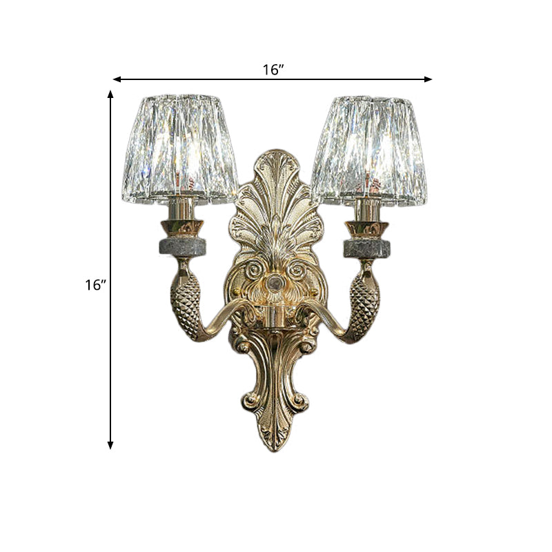 K9 Crystal Prism Cone Shade Wall Lamp Antique 1/2-Bulb Dining Room Wall Sconce Light in Gold Clearhalo 'Cast Iron' 'Glass' 'Industrial' 'Modern wall lights' 'Modern' 'Tiffany' 'Traditional wall lights' 'Wall Lamps & Sconces' 'Wall Lights' Lighting' 798696