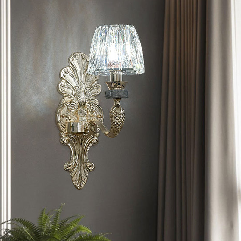 K9 Crystal Prism Cone Shade Wall Lamp Antique 1/2-Bulb Dining Room Wall Sconce Light in Gold 1.0 Gold Clearhalo 'Cast Iron' 'Glass' 'Industrial' 'Modern wall lights' 'Modern' 'Tiffany' 'Traditional wall lights' 'Wall Lamps & Sconces' 'Wall Lights' Lighting' 798697