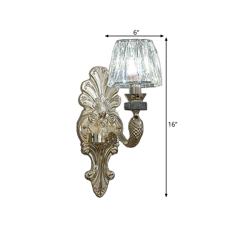 K9 Crystal Prism Cone Shade Wall Lamp Antique 1/2-Bulb Dining Room Wall Sconce Light in Gold Clearhalo 'Cast Iron' 'Glass' 'Industrial' 'Modern wall lights' 'Modern' 'Tiffany' 'Traditional wall lights' 'Wall Lamps & Sconces' 'Wall Lights' Lighting' 798701