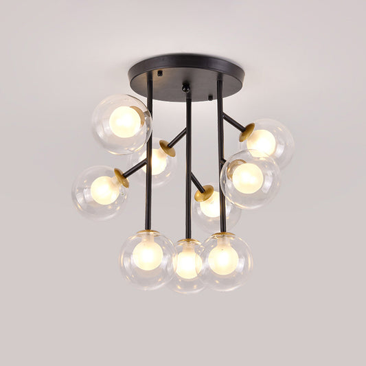 Ball Semi Mount Lighting Modern Clear Glass 9/12 Heads Living Room Close to Ceiling Lamp in Black/Gold Clearhalo 'Ceiling Lights' 'Close To Ceiling Lights' 'Close to ceiling' 'Glass shade' 'Glass' 'Semi-flushmount' Lighting' 798713