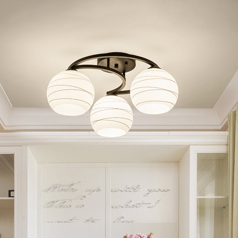Moon Frame Iron Semi Mount Lighting Modern 3/6-Light Black Flush Lamp with Spherical White Glass Shade 3 Black Clearhalo 'Ceiling Lights' 'Close To Ceiling Lights' 'Close to ceiling' 'Glass shade' 'Glass' 'Semi-flushmount' Lighting' 798728