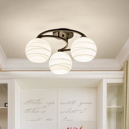 Moon Frame Iron Semi Mount Lighting Modern 3/6-Light Black Flush Lamp with Spherical White Glass Shade 3 Black Clearhalo 'Ceiling Lights' 'Close To Ceiling Lights' 'Close to ceiling' 'Glass shade' 'Glass' 'Semi-flushmount' Lighting' 798728