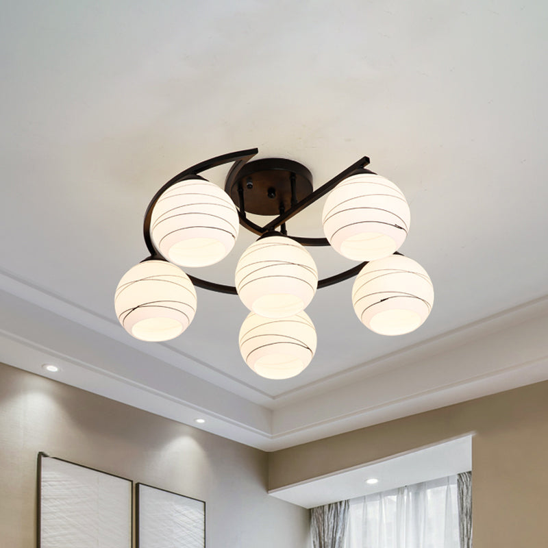 Moon Frame Iron Semi Mount Lighting Modern 3/6-Light Black Flush Lamp with Spherical White Glass Shade Clearhalo 'Ceiling Lights' 'Close To Ceiling Lights' 'Close to ceiling' 'Glass shade' 'Glass' 'Semi-flushmount' Lighting' 798733