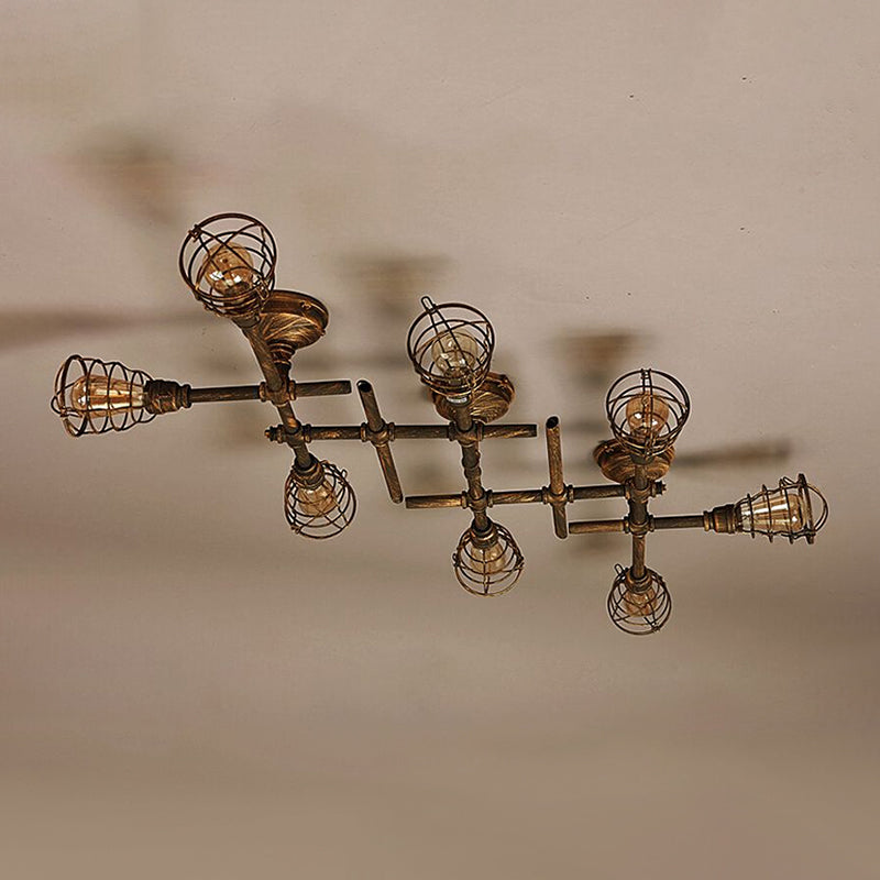 Brass Wire Cage Semi-Flush Light Vintage Industrial Iron 4/6/8 Heads Living Room Ceiling Lighting with Pipe Clearhalo 'Ceiling Lights' 'Close To Ceiling Lights' 'Close to ceiling' 'Semi-flushmount' Lighting' 798875