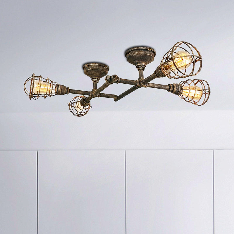 Brass Wire Cage Semi-Flush Light Vintage Industrial Iron 4/6/8 Heads Living Room Ceiling Lighting with Pipe Clearhalo 'Ceiling Lights' 'Close To Ceiling Lights' 'Close to ceiling' 'Semi-flushmount' Lighting' 798876