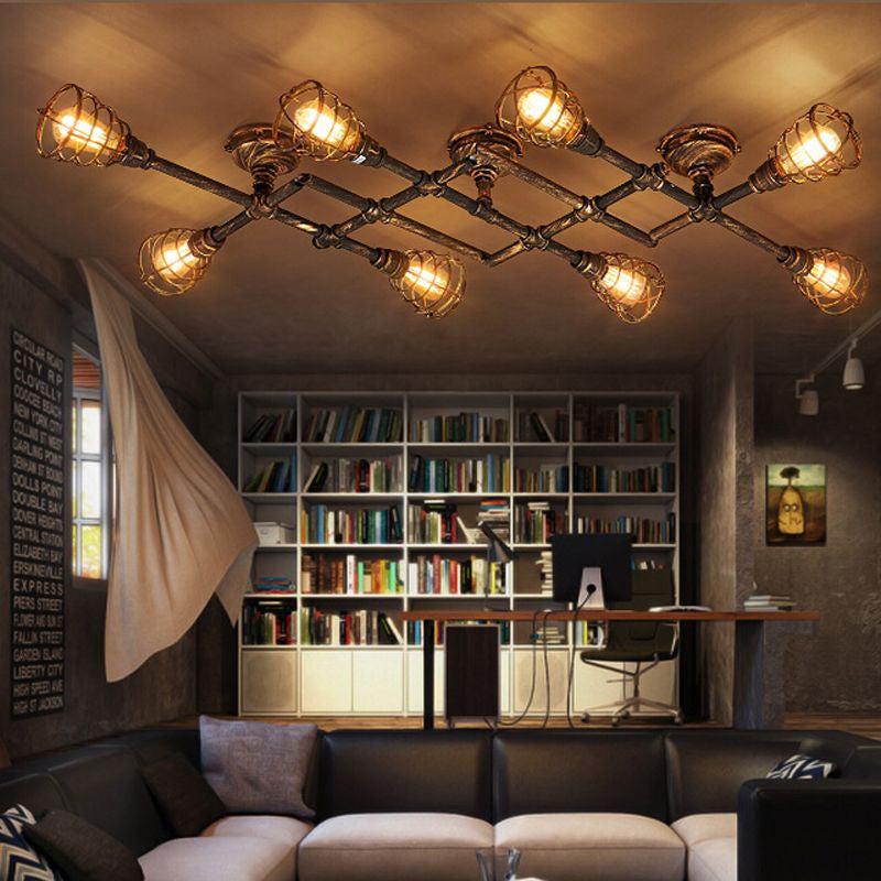 Brass Wire Cage Semi-Flush Light Vintage Industrial Iron 4/6/8 Heads Living Room Ceiling Lighting with Pipe Clearhalo 'Ceiling Lights' 'Close To Ceiling Lights' 'Close to ceiling' 'Semi-flushmount' Lighting' 798877