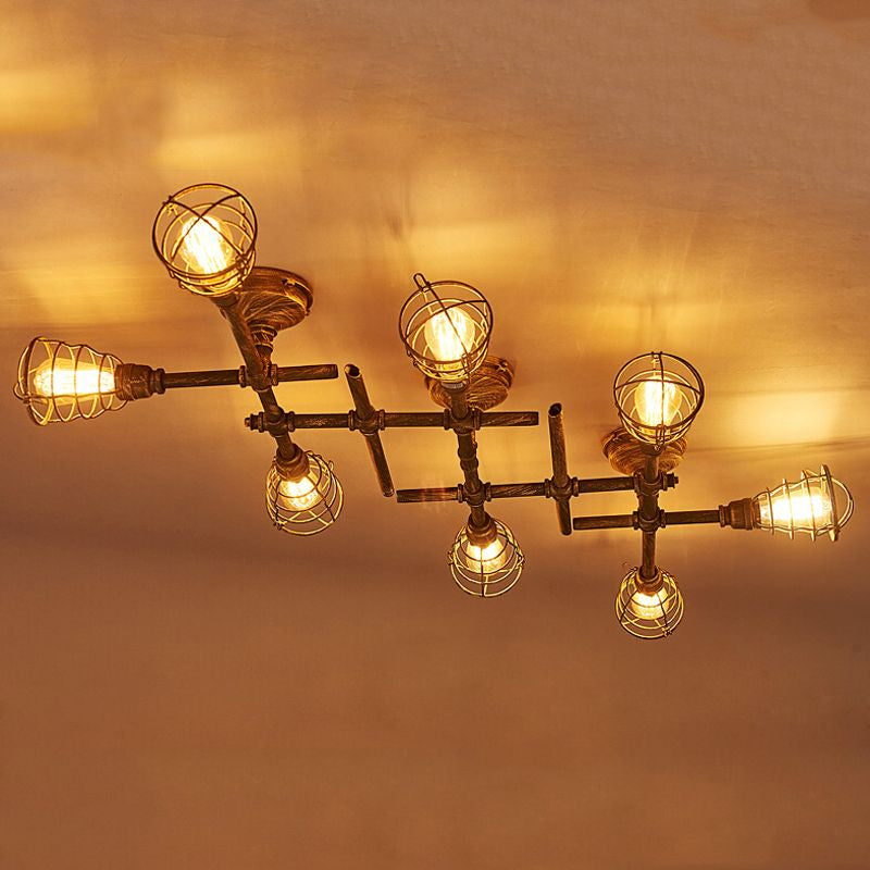 Brass Wire Cage Semi-Flush Light Vintage Industrial Iron 4/6/8 Heads Living Room Ceiling Lighting with Pipe Clearhalo 'Ceiling Lights' 'Close To Ceiling Lights' 'Close to ceiling' 'Semi-flushmount' Lighting' 798878