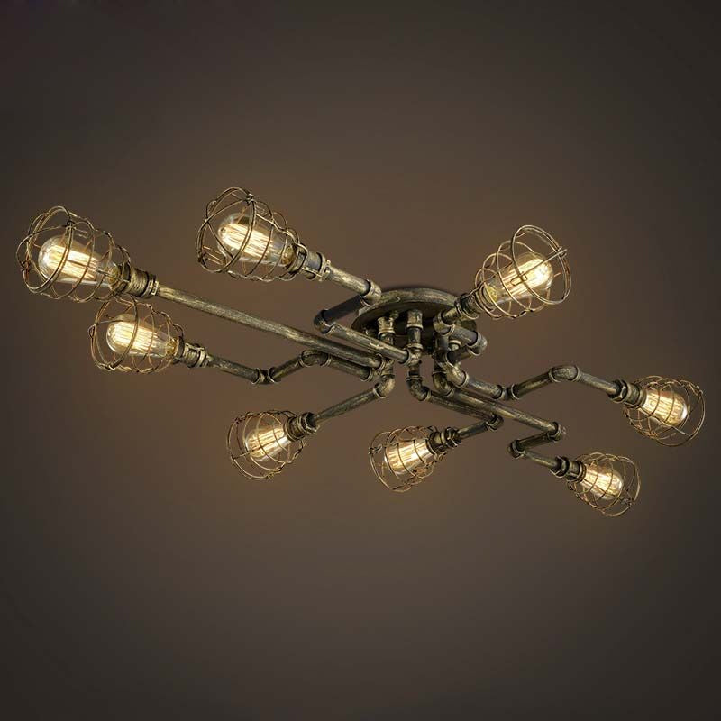 Bronze Twisted Pipe Close to Ceiling Lamp with Cage Shade Antique Style Metal 8-Light Indoor Ceiling Lighting Clearhalo 'Ceiling Lights' 'Close To Ceiling Lights' 'Close to ceiling' 'Semi-flushmount' Lighting' 798881