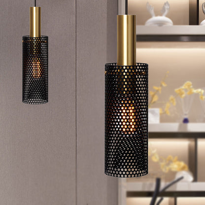 Hollow Design Cylinder Hanging Lamp Metal 1 Light Simple Mini Pendant in Black/White Black Clearhalo 'Ceiling Lights' 'Modern Pendants' 'Modern' 'Pendant Lights' 'Pendants' Lighting' 798909