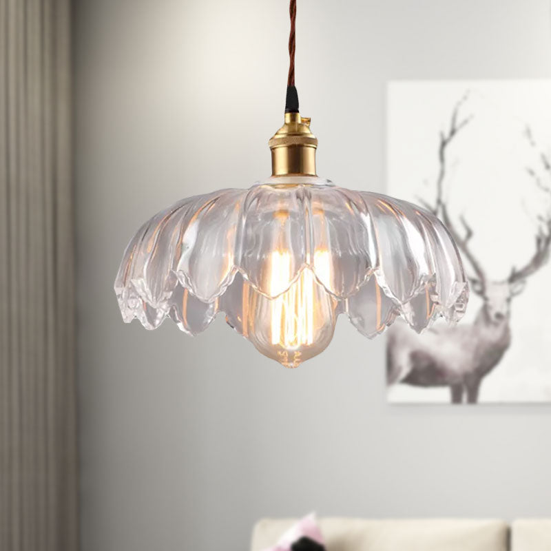 Single Bulb Hanging Ceiling Light with Scalloped Shade Clear Glass Industrial Living Room Pendant Lighting, 8"/10"/12" Wide Clearhalo 'Ceiling Lights' 'Glass shade' 'Glass' 'Industrial Pendants' 'Industrial' 'Middle Century Pendants' 'Pendant Lights' 'Pendants' 'Tiffany' Lighting' 798927