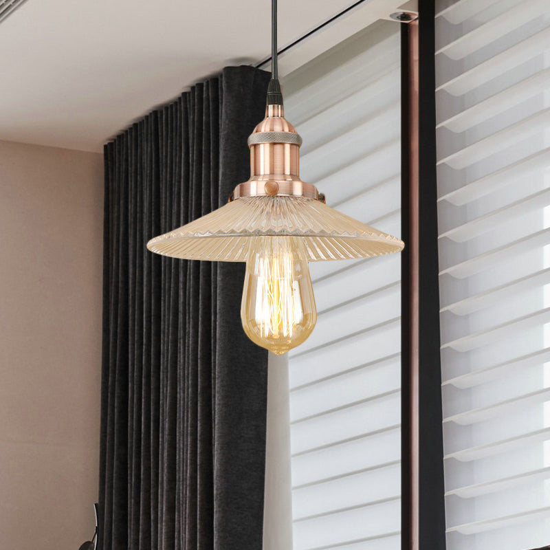 1-Light Cone Pendant Lighting Factory Brass/Copper Ribbed Glass Hanging Light Fixture for Dining Room Clearhalo 'Ceiling Lights' 'Glass shade' 'Glass' 'Industrial Pendants' 'Industrial' 'Middle Century Pendants' 'Pendant Lights' 'Pendants' 'Tiffany' Lighting' 798931