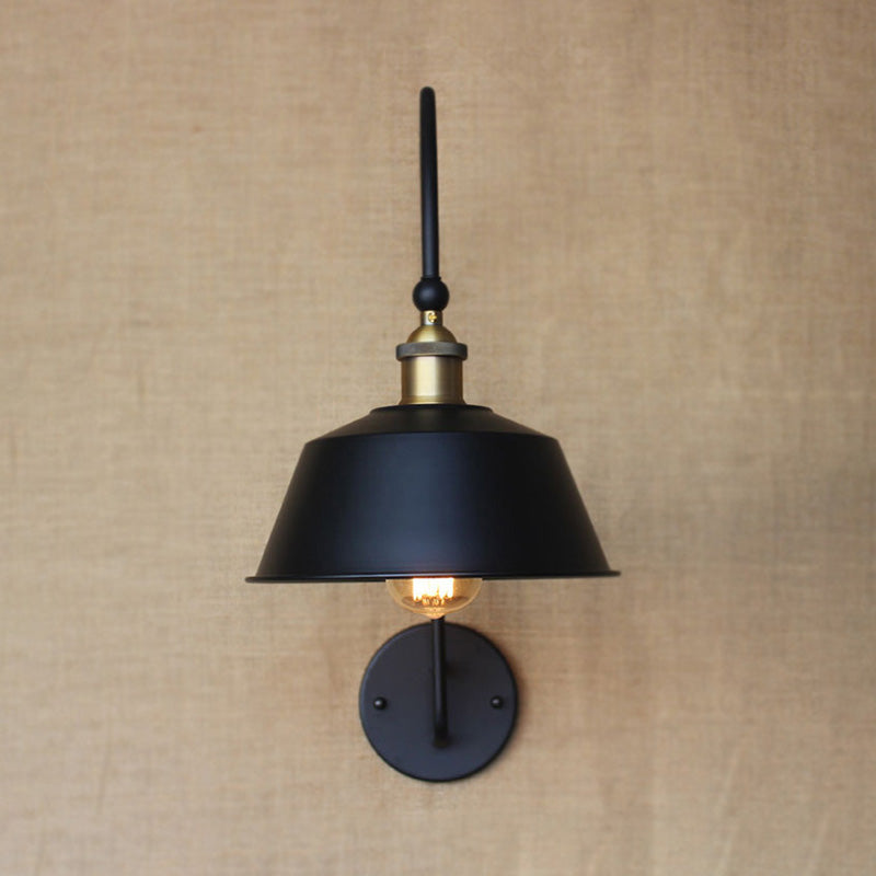Retro Style Barn/Tapered Shade Wall Light 10"/14" W 1 Light Metallic Sconce Lighting with Arched Arm in Black Clearhalo 'Art deco wall lights' 'Cast Iron' 'Glass' 'Industrial wall lights' 'Industrial' 'Middle century wall lights' 'Modern' 'Rustic wall lights' 'Tiffany' 'Traditional wall lights' 'Wall Lamps & Sconces' 'Wall Lights' Lighting' 798961