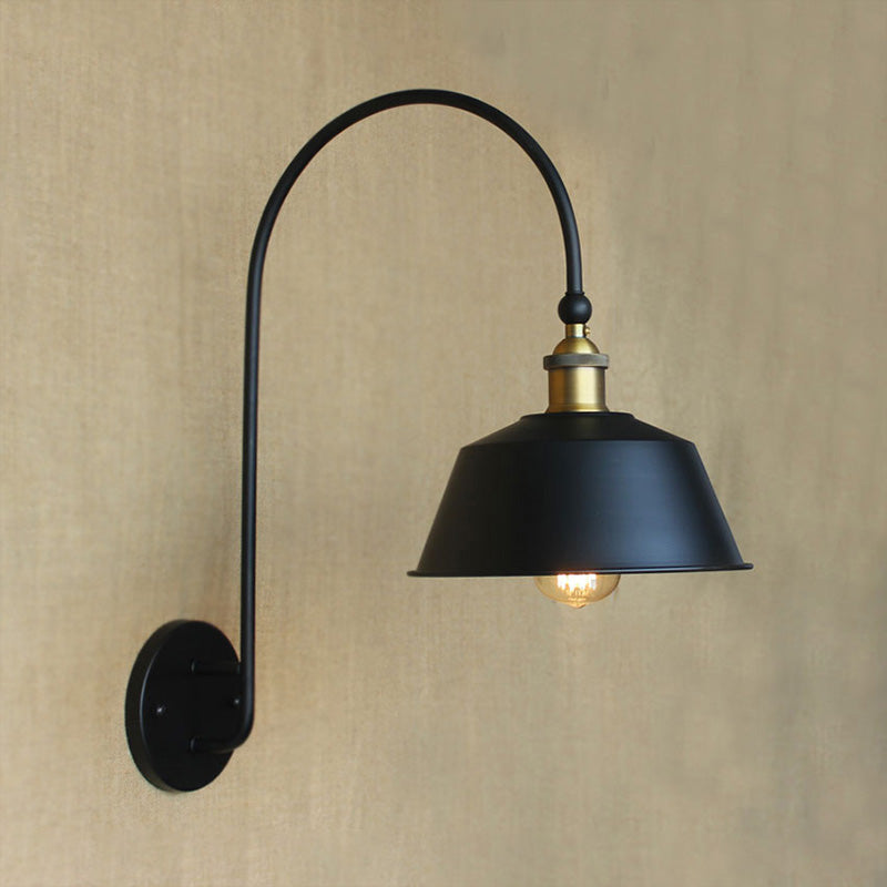 Retro Style Barn/Tapered Shade Wall Light 10"/14" W 1 Light Metallic Sconce Lighting with Arched Arm in Black Clearhalo 'Art deco wall lights' 'Cast Iron' 'Glass' 'Industrial wall lights' 'Industrial' 'Middle century wall lights' 'Modern' 'Rustic wall lights' 'Tiffany' 'Traditional wall lights' 'Wall Lamps & Sconces' 'Wall Lights' Lighting' 798962