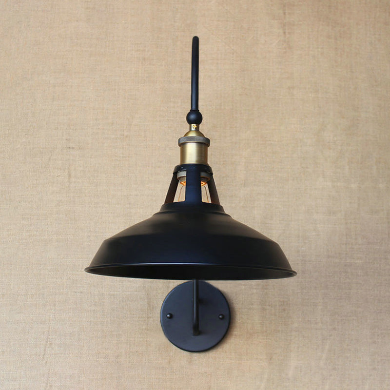 Retro Style Barn/Tapered Shade Wall Light 10"/14" W 1 Light Metallic Sconce Lighting with Arched Arm in Black Clearhalo 'Art deco wall lights' 'Cast Iron' 'Glass' 'Industrial wall lights' 'Industrial' 'Middle century wall lights' 'Modern' 'Rustic wall lights' 'Tiffany' 'Traditional wall lights' 'Wall Lamps & Sconces' 'Wall Lights' Lighting' 798963