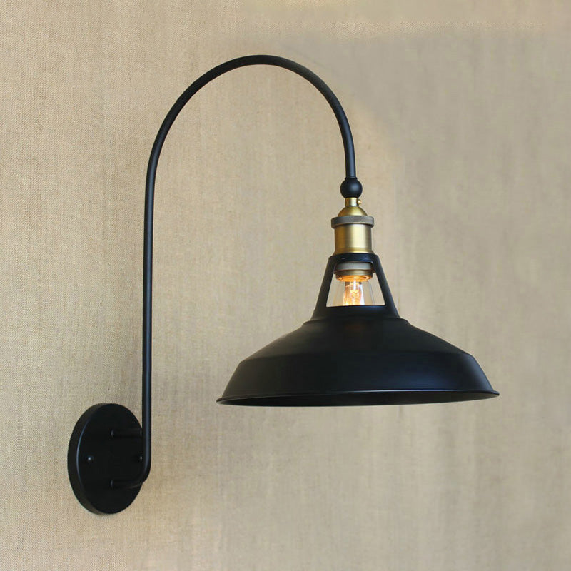 Retro Style Barn/Tapered Shade Wall Light 10"/14" W 1 Light Metallic Sconce Lighting with Arched Arm in Black Clearhalo 'Art deco wall lights' 'Cast Iron' 'Glass' 'Industrial wall lights' 'Industrial' 'Middle century wall lights' 'Modern' 'Rustic wall lights' 'Tiffany' 'Traditional wall lights' 'Wall Lamps & Sconces' 'Wall Lights' Lighting' 798964