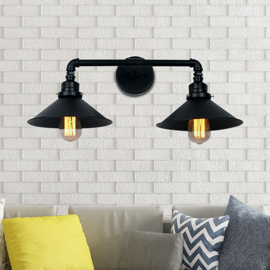 Black Cone Wall Lighting Industrial Metal 2 Lights Living Room Sconce Lamp with Round Backplate Black Clearhalo 'Art deco wall lights' 'Cast Iron' 'Glass' 'Industrial wall lights' 'Industrial' 'Middle century wall lights' 'Modern' 'Rustic wall lights' 'Tiffany' 'Traditional wall lights' 'Wall Lamps & Sconces' 'Wall Lights' Lighting' 798971
