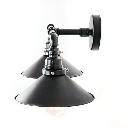 Black Cone Wall Lighting Industrial Metal 2 Lights Living Room Sconce Lamp with Round Backplate Clearhalo 'Art deco wall lights' 'Cast Iron' 'Glass' 'Industrial wall lights' 'Industrial' 'Middle century wall lights' 'Modern' 'Rustic wall lights' 'Tiffany' 'Traditional wall lights' 'Wall Lamps & Sconces' 'Wall Lights' Lighting' 798973