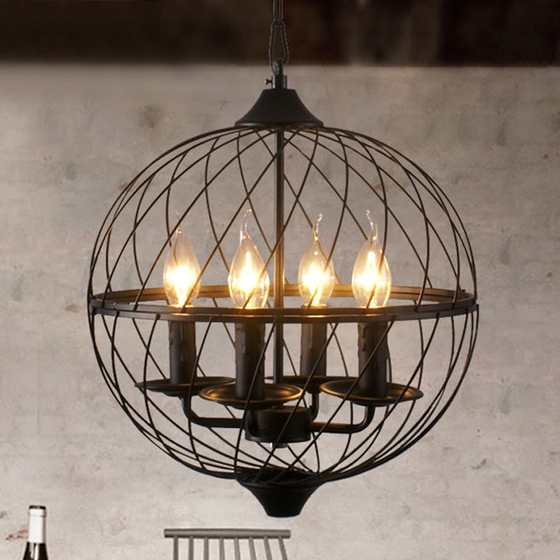 Iron Black Chandelier Lighting Global Mesh Shade 4 Bulbs Industrial Ceiling Light Fixture with Adjustable Chain for Dining Room Clearhalo 'Cast Iron' 'Ceiling Lights' 'Chandeliers' 'Industrial Chandeliers' 'Industrial' 'Metal' 'Middle Century Chandeliers' 'Rustic Chandeliers' 'Tiffany' Lighting' 799017