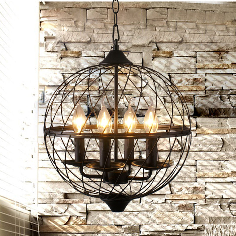 Iron Black Chandelier Lighting Global Mesh Shade 4 Bulbs Industrial Ceiling Light Fixture with Adjustable Chain for Dining Room Clearhalo 'Cast Iron' 'Ceiling Lights' 'Chandeliers' 'Industrial Chandeliers' 'Industrial' 'Metal' 'Middle Century Chandeliers' 'Rustic Chandeliers' 'Tiffany' Lighting' 799019