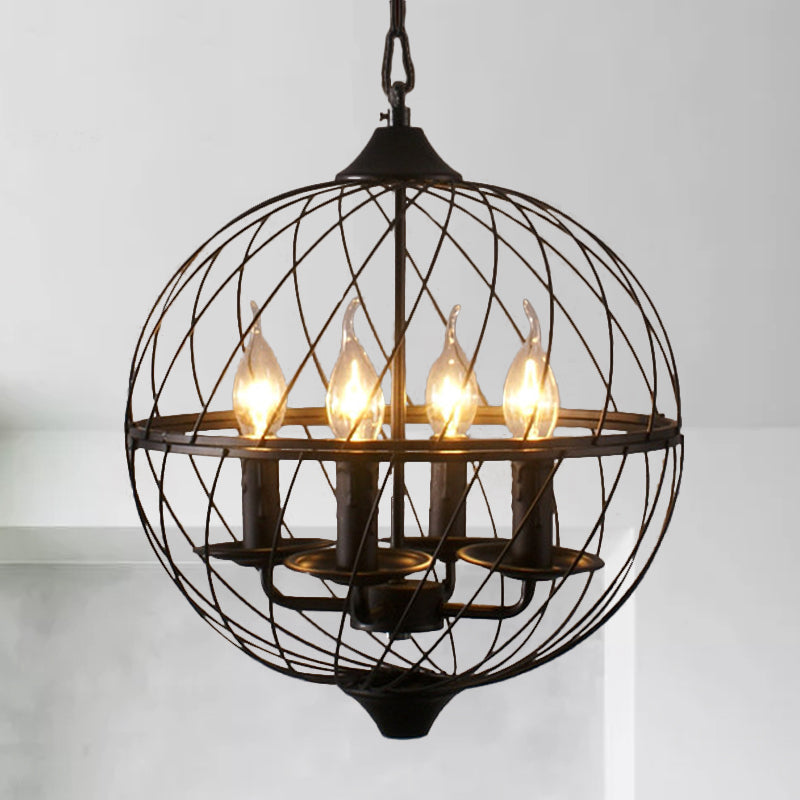 Iron Black Chandelier Lighting Global Mesh Shade 4 Bulbs Industrial Ceiling Light Fixture with Adjustable Chain for Dining Room Clearhalo 'Cast Iron' 'Ceiling Lights' 'Chandeliers' 'Industrial Chandeliers' 'Industrial' 'Metal' 'Middle Century Chandeliers' 'Rustic Chandeliers' 'Tiffany' Lighting' 799020
