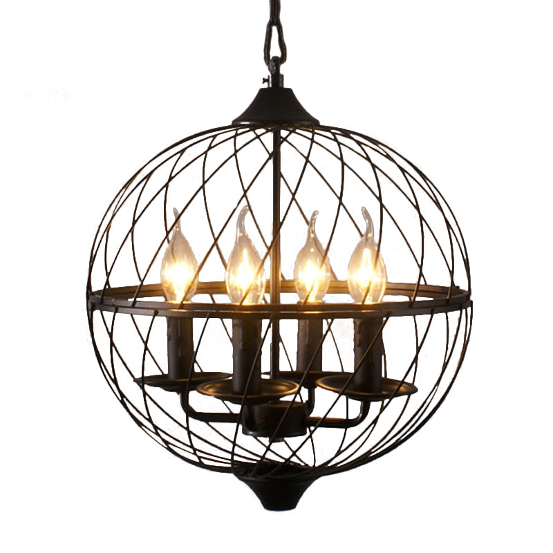 Iron Black Chandelier Lighting Global Mesh Shade 4 Bulbs Industrial Ceiling Light Fixture with Adjustable Chain for Dining Room Clearhalo 'Cast Iron' 'Ceiling Lights' 'Chandeliers' 'Industrial Chandeliers' 'Industrial' 'Metal' 'Middle Century Chandeliers' 'Rustic Chandeliers' 'Tiffany' Lighting' 799021