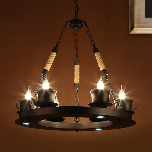6-Light Ring Chandelier Light Country Style Black Metal Pendant Light Fixture with Teacup Shade for Restaurant Clearhalo 'Cast Iron' 'Ceiling Lights' 'Chandeliers' 'Industrial Chandeliers' 'Industrial' 'Metal' 'Middle Century Chandeliers' 'Rustic Chandeliers' 'Tiffany' Lighting' 799026