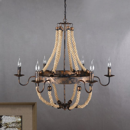 Flameless Candle Iron Chandelier Lamp Farmhouse Style 6 Lights Indoor Hanging Lamp with Hemp Rope in Rust Clearhalo 'Ceiling Lights' 'Chandeliers' 'Industrial Chandeliers' 'Industrial' 'Middle Century Chandeliers' 'Tiffany' Lighting' 799027