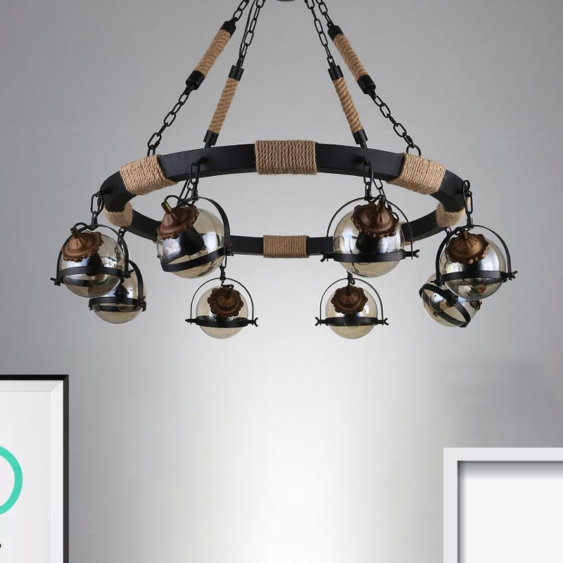 Farmhouse Globe Chandelier Lamp 6/8 Lights Rope Hanging Light with Amber Glass Shade in Black for Restaurant Clearhalo 'Cast Iron' 'Ceiling Lights' 'Chandeliers' 'Industrial Chandeliers' 'Industrial' 'Metal' 'Middle Century Chandeliers' 'Rustic Chandeliers' 'Tiffany' Lighting' 799031