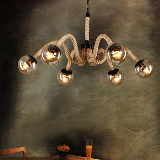 Rope Beige Chandelier Lamp Industrial Loft 6 Heads Ceiling Light with Tan Glass Round Shade for Bar Clearhalo 'Ceiling Lights' 'Chandeliers' 'Close To Ceiling Lights' 'Glass shade' 'Glass' 'Industrial Chandeliers' 'Industrial' 'Middle Century Chandeliers' 'Tiffany' Lighting' 799038