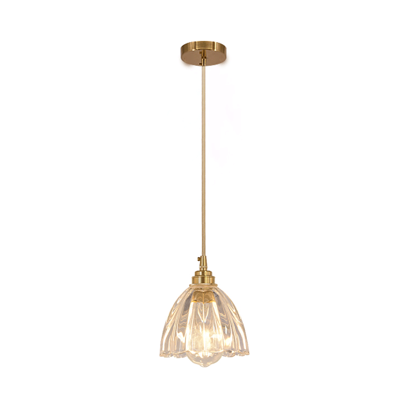 Flower Bud Shade Kitchen Bar Hanging Light Rural Clear Ridged Glass 1 Head Brass Suspension Pendant Clearhalo 'Ceiling Lights' 'Glass shade' 'Glass' 'Industrial Pendants' 'Industrial' 'Middle Century Pendants' 'Pendant Lights' 'Pendants' 'Tiffany' Lighting' 8