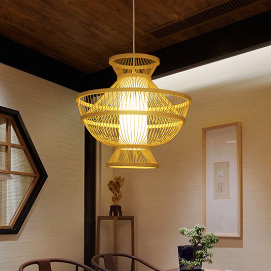 Beige Hot Pot Shaped Suspension Pendant Asian Style Single Bulb Bamboo Ceiling Lamp for Restaurant Clearhalo 'Ceiling Lights' 'Pendant Lights' 'Pendants' Lighting' 800334