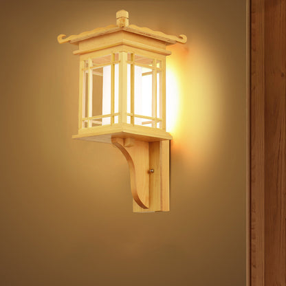 Wooden House Wall Sconce Light Fixture Asian Style Single Bulb Beige Wall Lamp Fixture for Restaurant Wood Clearhalo 'Wall Lamps & Sconces' 'Wall Lights' Lighting' 800339