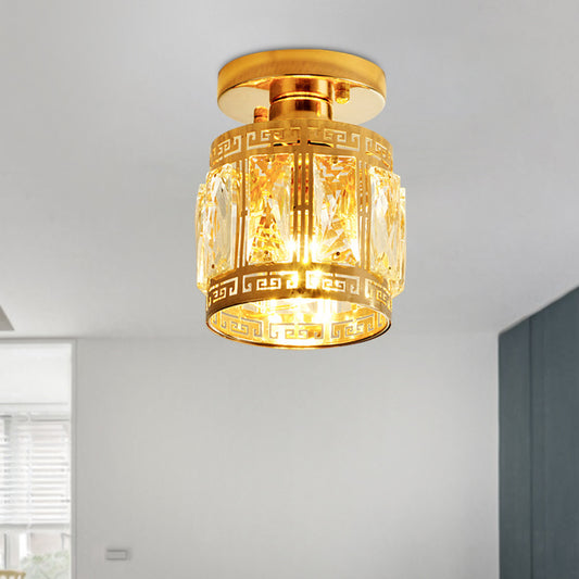 Beveled Crystal Cup Shaped Ceiling Flush Retro 1 Bulb Corridor Semi Flush Mount Light with Ornate Oriental Trim in Gold Clearhalo 'Ceiling Lights' 'Close To Ceiling Lights' 'Close to ceiling' 'Semi-flushmount' Lighting' 800468