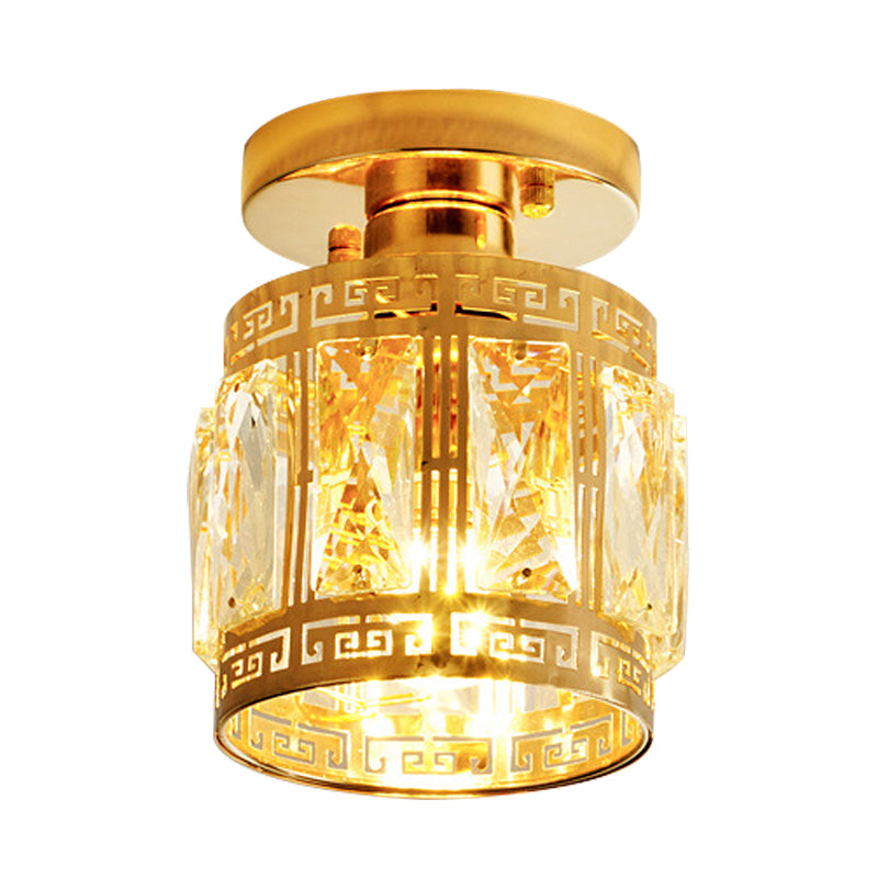 Beveled Crystal Cup Shaped Ceiling Flush Retro 1 Bulb Corridor Semi Flush Mount Light with Ornate Oriental Trim in Gold Clearhalo 'Ceiling Lights' 'Close To Ceiling Lights' 'Close to ceiling' 'Semi-flushmount' Lighting' 800469