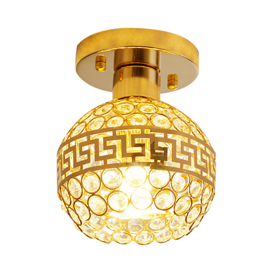 Inlaid Crystal Gold Semi Mount Lighting Oriental Trim Detailing Dome 1 Head Vintage Ceiling Lamp Clearhalo 'Ceiling Lights' 'Close To Ceiling Lights' 'Close to ceiling' 'Semi-flushmount' Lighting' 800481