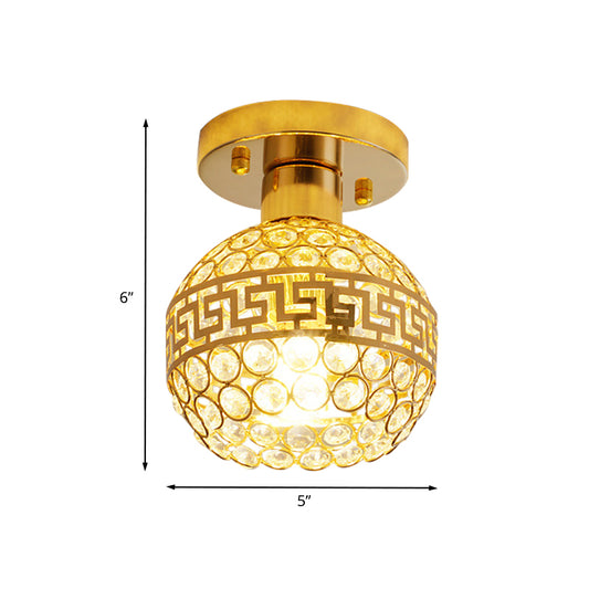 Inlaid Crystal Gold Semi Mount Lighting Oriental Trim Detailing Dome 1 Head Vintage Ceiling Lamp Clearhalo 'Ceiling Lights' 'Close To Ceiling Lights' 'Close to ceiling' 'Semi-flushmount' Lighting' 800482