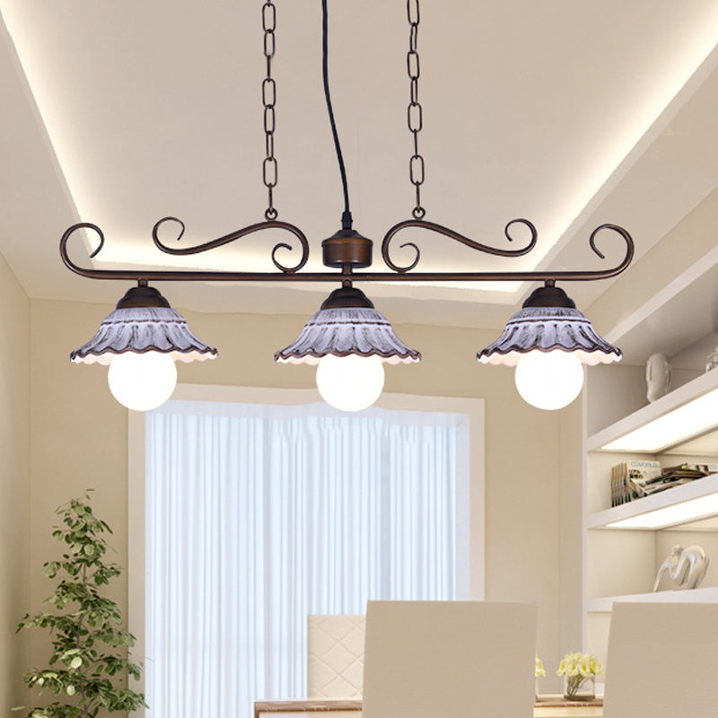 3-Light Twisting Island Pendant Lamp Korea Style Coffee Metal Hanging Light with Scalloped Bell Ceramics Shade Coffee Clearhalo 'Ceiling Lights' 'Island Lights' Lighting' 800554