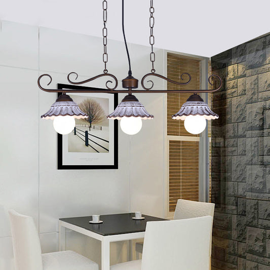 3-Light Twisting Island Pendant Lamp Korea Style Coffee Metal Hanging Light with Scalloped Bell Ceramics Shade Clearhalo 'Ceiling Lights' 'Island Lights' Lighting' 800555