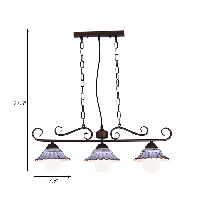 3-Light Twisting Island Pendant Lamp Korea Style Coffee Metal Hanging Light with Scalloped Bell Ceramics Shade Clearhalo 'Ceiling Lights' 'Island Lights' Lighting' 800557