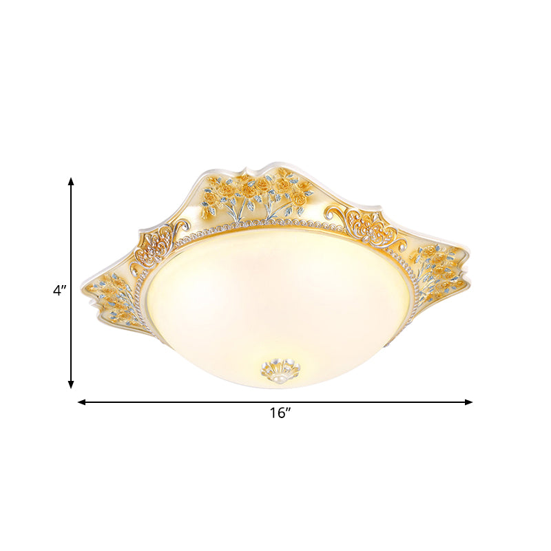 Yellow LED Flushmount Lamp Korea-Country Frosted Glass Domed Ceiling Mounted Fixture, 12"/16" Wide Clearhalo 'Ceiling Lights' 'Close To Ceiling Lights' 'Close to ceiling' 'Flush mount' Lighting' 800628