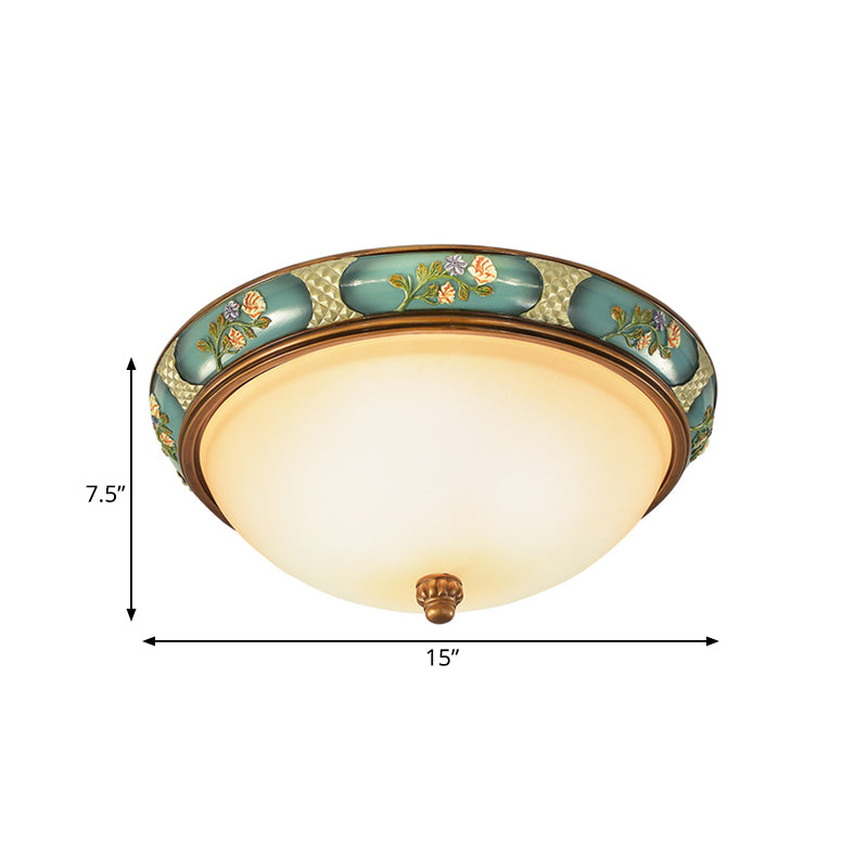 3-Head Ceiling Mounted Light Vintage Bedroom Flushmount Lamp with Dome Frosted Glass Shade in Blue-Green, 15"/19" W Clearhalo 'Ceiling Lights' 'Close To Ceiling Lights' 'Close to ceiling' 'Flush mount' Lighting' 800703