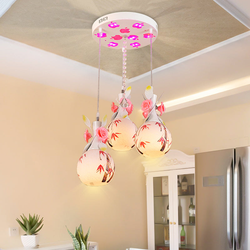 Vase Shape White Glass Multi-Pendant Light Modernist 3 Bulbs Dining Room Hanging Lamp with Pink Floral Deco White Clearhalo 'Ceiling Lights' 'Glass shade' 'Glass' 'Pendant Lights' 'Pendants' Lighting' 800714