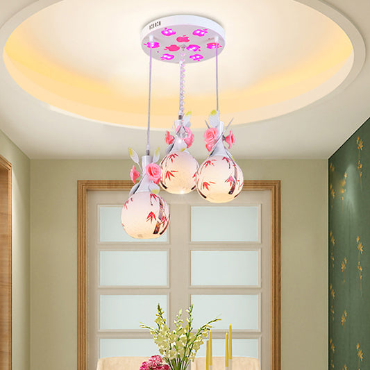Vase Shape White Glass Multi-Pendant Light Modernist 3 Bulbs Dining Room Hanging Lamp with Pink Floral Deco Clearhalo 'Ceiling Lights' 'Glass shade' 'Glass' 'Pendant Lights' 'Pendants' Lighting' 800715