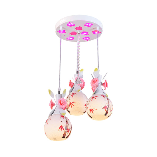 Vase Shape White Glass Multi-Pendant Light Modernist 3 Bulbs Dining Room Hanging Lamp with Pink Floral Deco Clearhalo 'Ceiling Lights' 'Glass shade' 'Glass' 'Pendant Lights' 'Pendants' Lighting' 800716