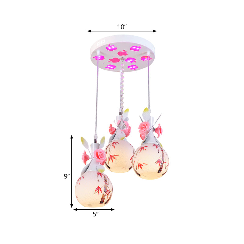 Vase Shape White Glass Multi-Pendant Light Modernist 3 Bulbs Dining Room Hanging Lamp with Pink Floral Deco Clearhalo 'Ceiling Lights' 'Glass shade' 'Glass' 'Pendant Lights' 'Pendants' Lighting' 800717
