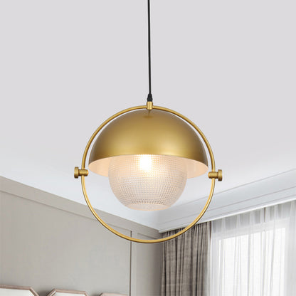Modern Semicircle Hanging Light Kit 1 Bulb Metal Pendant in Blue/Gold with Ball Clear Latticed Glass Shade Gold Clearhalo 'Ceiling Lights' 'Modern Pendants' 'Modern' 'Pendant Lights' 'Pendants' Lighting' 800797