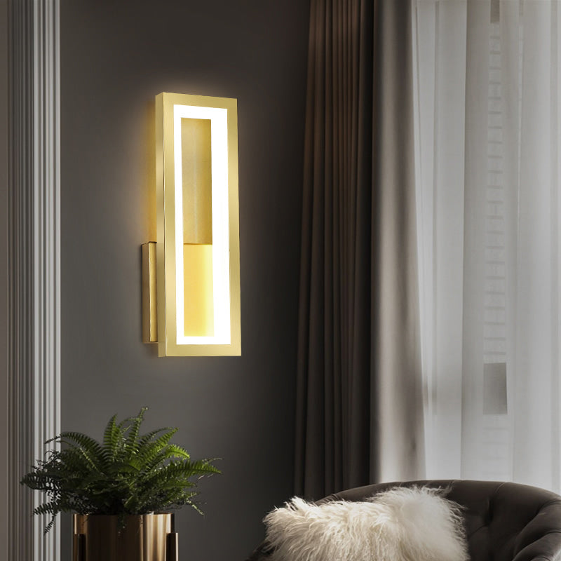 White/Black/Gold Rectangle Frame Sconce Lamp Minimalist LED Metallic Wall Mount Light Fixture in White/Warm Light Gold Clearhalo 'Cast Iron' 'Glass' 'Industrial' 'Modern wall lights' 'Modern' 'Tiffany' 'Traditional wall lights' 'Wall Lamps & Sconces' 'Wall Lights' Lighting' 800829