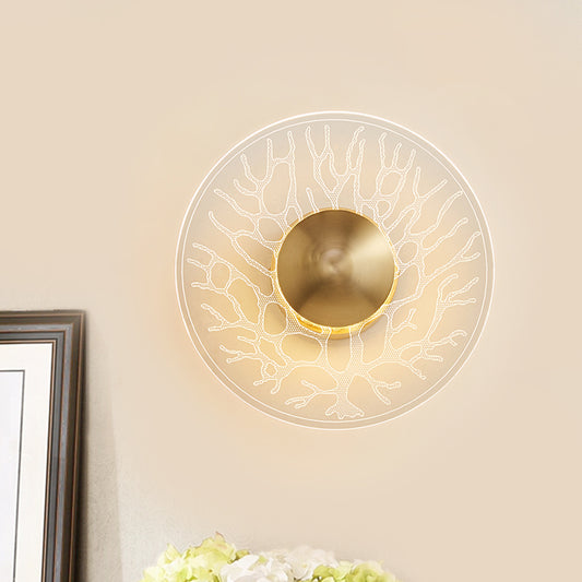 Modernist Context Disk Sconce Lamp Clear Glass Living Room LED Wall Light Fixture in Brass Clear Clearhalo 'Cast Iron' 'Glass' 'Industrial' 'Modern wall lights' 'Modern' 'Tiffany' 'Traditional wall lights' 'Wall Lamps & Sconces' 'Wall Lights' Lighting' 800861