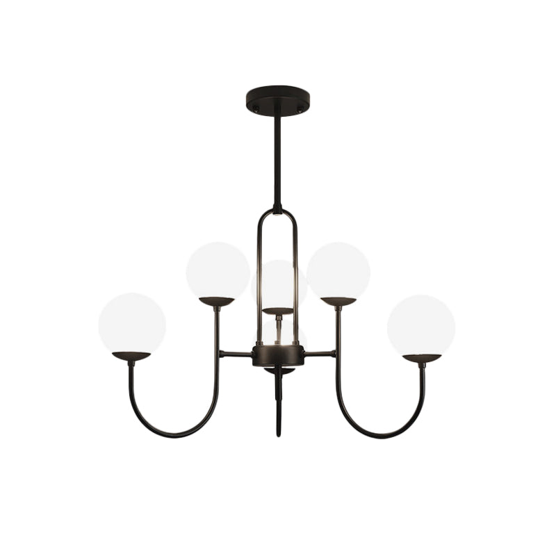 Arced Arm Iron Chandelier Light Fixture Modern 6/9-Head Black Finish Pendulum Lamp with Sphere Milk White Glass Shade Clearhalo 'Ceiling Lights' 'Close To Ceiling Lights' 'Close to ceiling' 'Glass shade' 'Glass' 'Pendant Lights' 'Semi-flushmount' Lighting' 800900