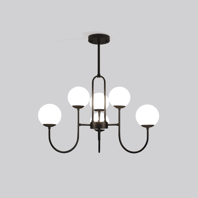 Arced Arm Iron Chandelier Light Fixture Modern 6/9-Head Black Finish Pendulum Lamp with Sphere Milk White Glass Shade Clearhalo 'Ceiling Lights' 'Close To Ceiling Lights' 'Close to ceiling' 'Glass shade' 'Glass' 'Pendant Lights' 'Semi-flushmount' Lighting' 800901